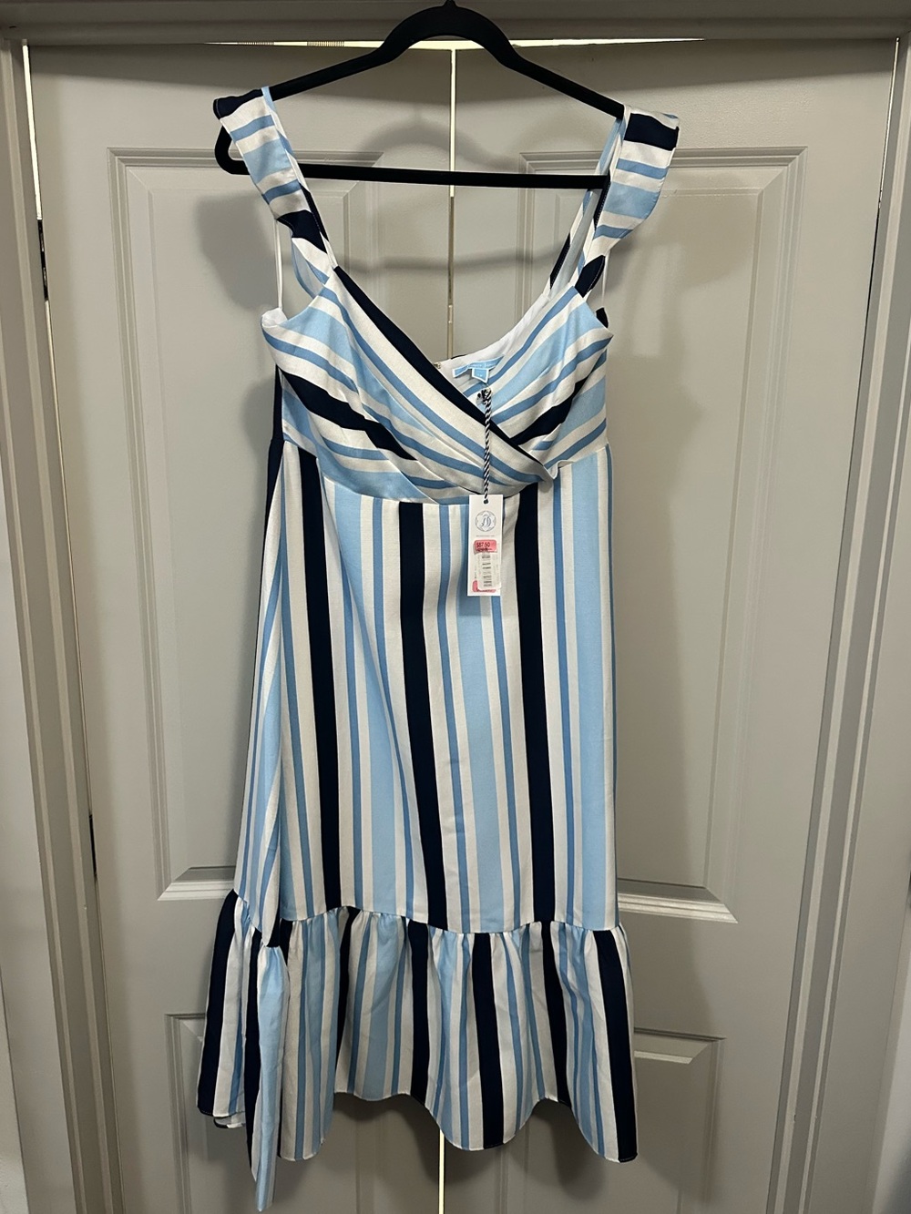 Striped Midi Dress with Ruffle Hem in Light Blue & Navy Draper James NWT
